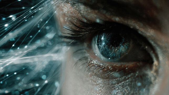 Close-up Blue Eye with Digital Data Stream and Technology Overlay