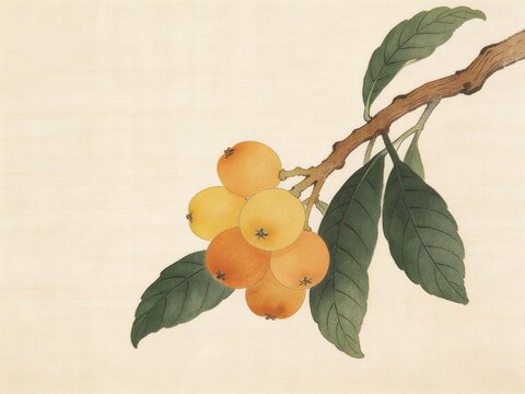 びわの枝と葉、和風の背景に描かれた初夏の果実