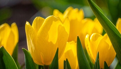 Naklejka premium close-up of bright yellow tulips blooming in a lush garden.