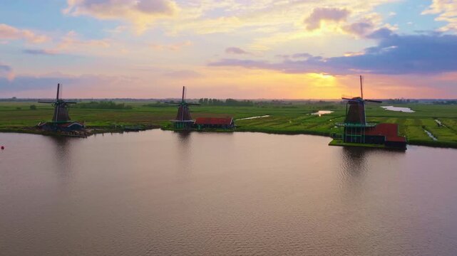 Sunrise Aerial Drone Footage of Zaanse Schans Windmills Holland &ndash; Scenic Dutch Countryside in 4K