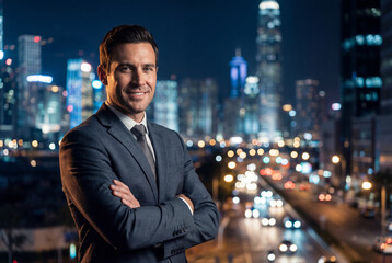 Fototapeta premium Confident businessman with arms crossed against a vibrant city at night
