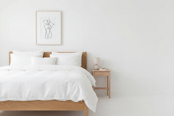 Fototapeta premium Pristine minimalist scandinavian bedroom with clean white bedding and light wood furniture