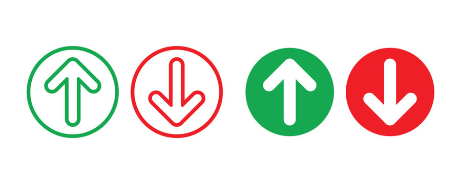 Simple up and down arrows. Upward, downward arrows in green and red isolated on white background. Vector illustration