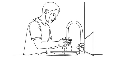 Fototapeta premium A single continuous line drawing of a young man washing his hands under a kitchen sink faucet.