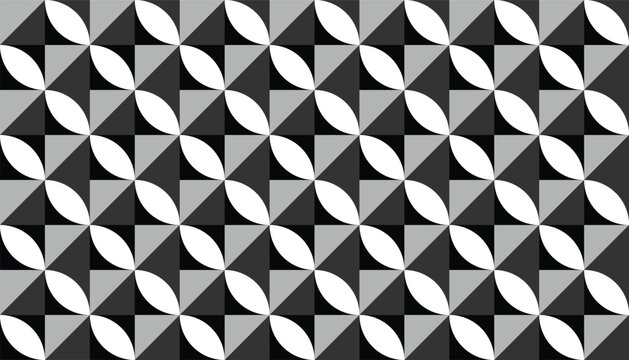 Abstract seamless pattern with leaf-shaped elements and geometric triangles. Modern black, white, and grey vector background