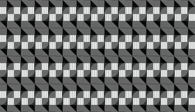 Seamless monochrome geometric pattern with stripes and abstract shapes. Black and white optical art background for modern industrial design