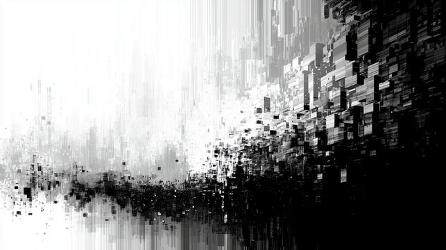 Abstract monochrome digital glitch art with cascading pixelated effects creating a dynamic and chaotic visual texture.