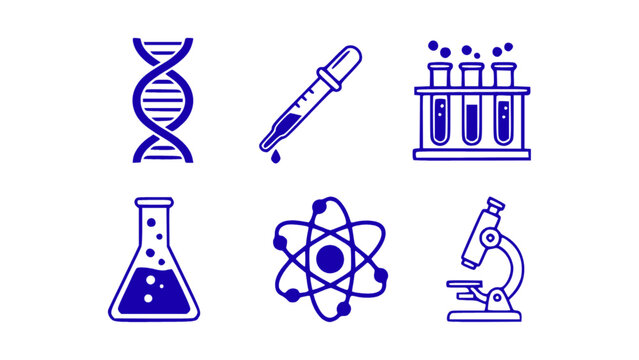 Science icons with DNA, lab equipment, and research elements.