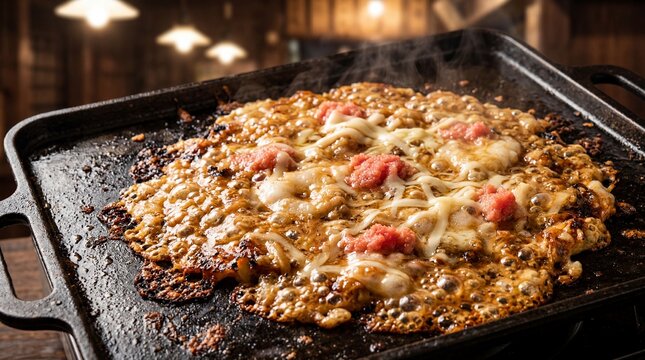 Sizzling mentaiko cheese monjayaki cooking on a hot iron teppanyaki grill