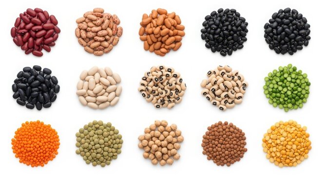 Variety of legumes and beans on white background for culinary and nutritional use