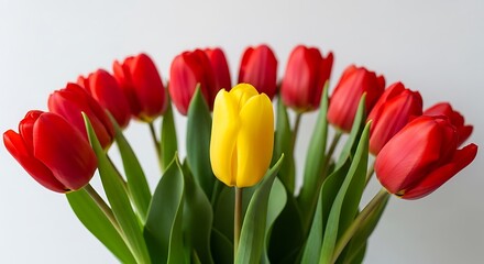 Obraz premium A bouquet of vibrant red tulips surrounding a single, bright yellow tulip against white