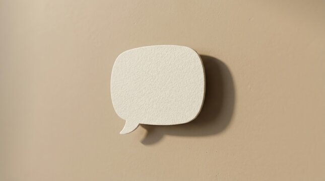 Minimalist white speech bubble symbol with textured surface on a beige background modern design clean lighting shadow detail