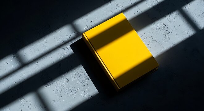 A bright yellow book lies on a textured surface, bathed in light and shadow