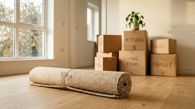 Rolled beige carpet on wooden floor near stacked cardboard boxes labeled fragile in a well lit room during moving day