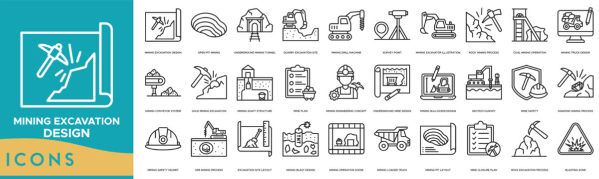 Mining Excavation Design Icon set. Open Pit Mining, Underground Mining Tunnel, Quarry Excavation Site, Mining Drill Machine, Survey Point and Mining Excavator