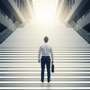 Businessman Climbs Wide White Staircase to Bright Light