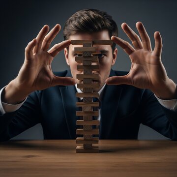 Man in Dark Suit Balances Wooden Tower on Table Against Gray