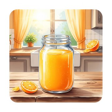 Glass Jar of Orange Juice on Wooden Table in Sunny Kitchen