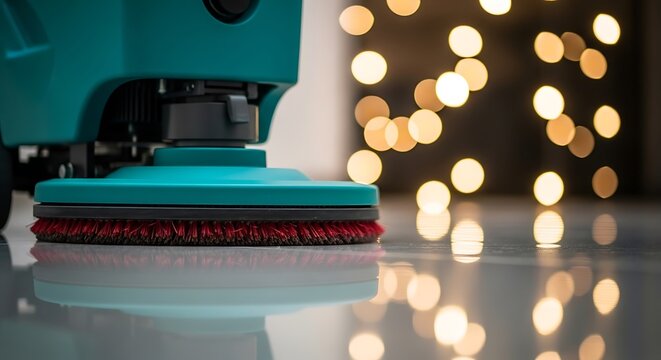 A close-up of a floor-cleaning machine with a red-bristled brush. Bokeh lights in background