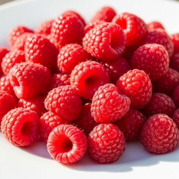 Heap of Fresh Red Raspberries on White Plate Close Up