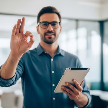 Smiling Man with Glasses Making Okay Sign Holding Tablet Indoors