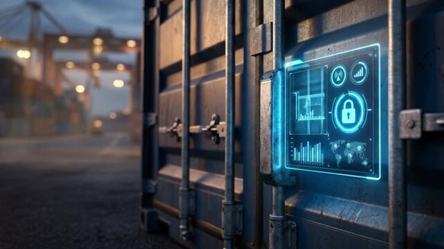 Cargo container security digital lock warehouse blue screen data chart access control industrial port logistics safety technology interface panel gate night yard storage