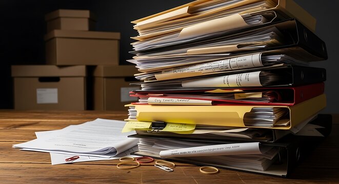 A cluttered desk shows a stack of binders, papers, and boxes, hinting at overwhelming paperwork