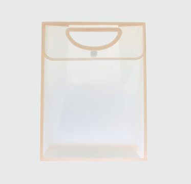 Clear soft  plastic folder bag with beige edges. Simple design with rounded top handle. Transparent body shows interior space clearly button closure, minimalist supply, isolated on white background. 