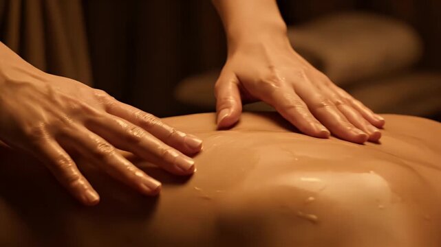 Close Up Of Therapist Hands Applying Oil And Massaging A Person S Back In Warm Soft Lighting
