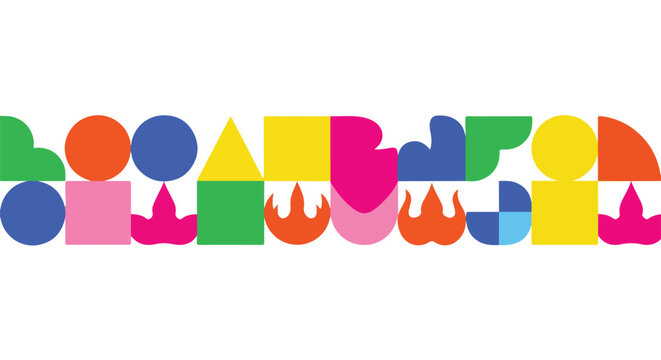 Colorful geometric shapes in row.