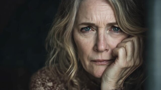 Woman experiencing anxiety and emotional distress during menopause in a dimly lit room reflecting her struggles