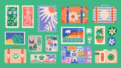 Fototapeta premium Colorful collection of vintage travel stickers luggage and a camera