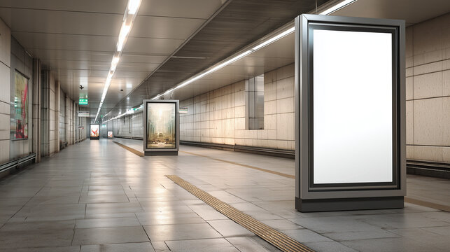 Multiple blank advertisement displays are visible along the long, empty corridor of a subway station.