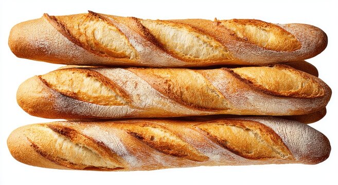 Golden-brown, crusty, baked loaves stacked, isolated on white