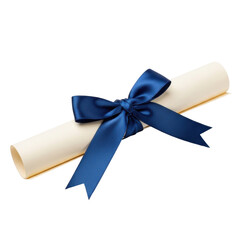 Fototapeta premium Graduation diploma with blue satin ribbon bow isolated on white background