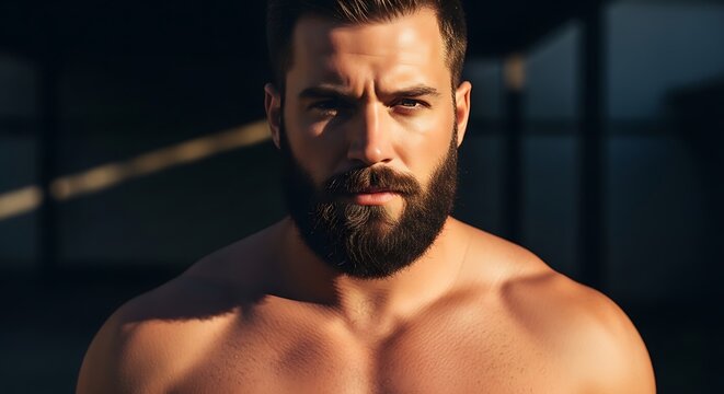 A muscular man with a full beard stares intensely, lit by strong sunlight