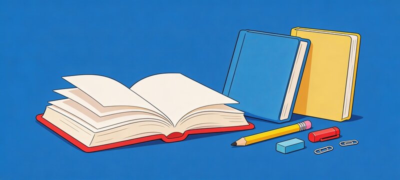 Illustration of open and closed books with stationery (pencil, eraser, clip) on a blue background. Depicts study materials for educational purposes.