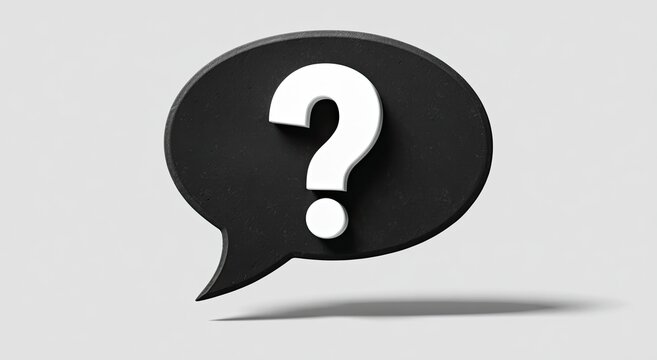 Black speech bubble with prominent white question mark on a light gray background