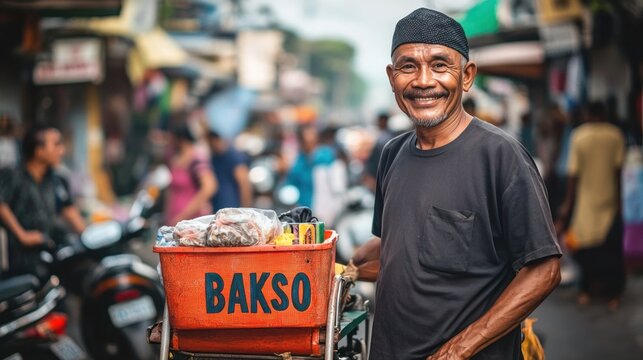 Smiling street food vendor with bakso cart in outdoor market