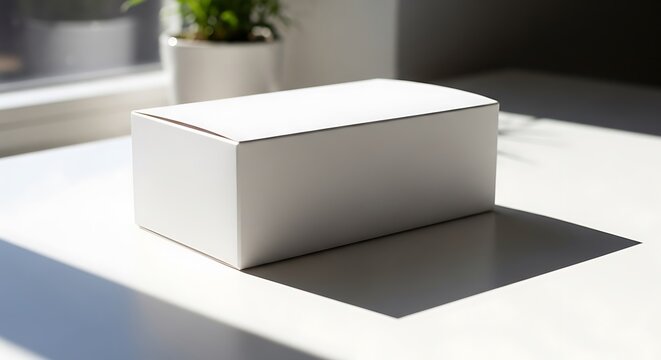 A plain white box sits on a bright, sunny white surface, next to a window and small plant