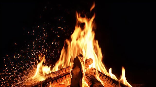 Vibrant campfire flames burning intensely with logs at night