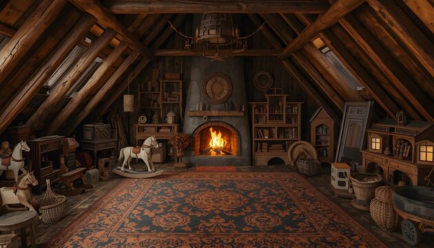 A nostalgic attic room filled with handcrafted wooden toys, rocking horses, and dollhouses.