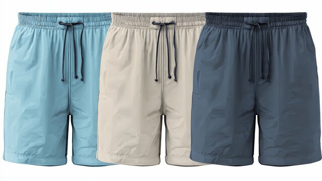 Three pairs of men's casual shorts displayed side by side featuring elastic waistbands and drawstring closures in light blue beige and dark blue