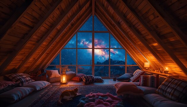 A wide-angle view of a cozy attic at night, where the ceiling is partially glass showing a brilliant galaxy.