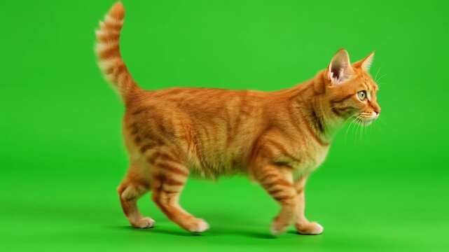 Ginger Cat Walking Green Screen Chroma Key Studio Shot