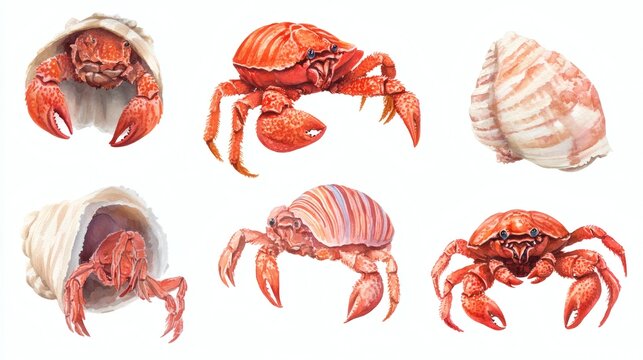 Watercolor illustrations of orange hermit crabs and shells arranged in two rows on white background