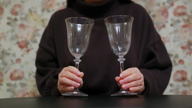 A woman in a dark sweater sits at a table holding two empty vintage glass goblets. She hitting, striking, clinking glasses The background is a floral wallpaper. She is waiting to pour drinks.