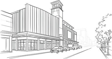 Obraz premium Contemporary commercial building street view line drawing with parked cars and urban environment showcasing modern architectural design perspective