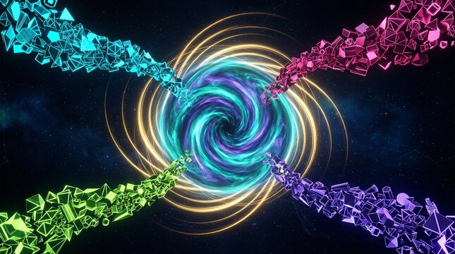 DeFi liquidity pool abstract visualization with colorful token streams flowing into central vortex and golden yield spirals, decentralized finance concept