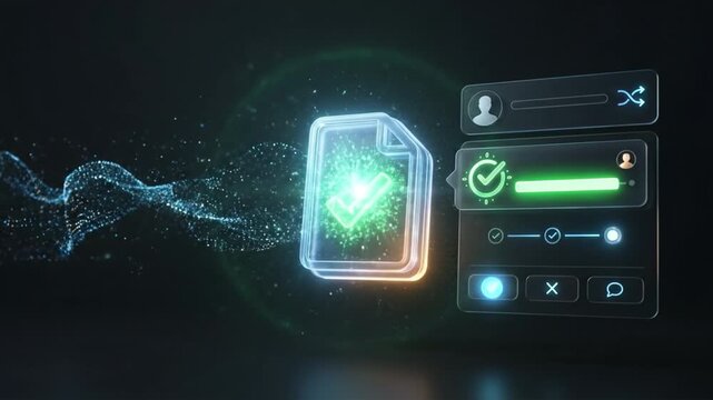 Glowing digital file icon with data stream and user interface panel dark background file document with green check mark glowing interface dark background digital approval verification symbol